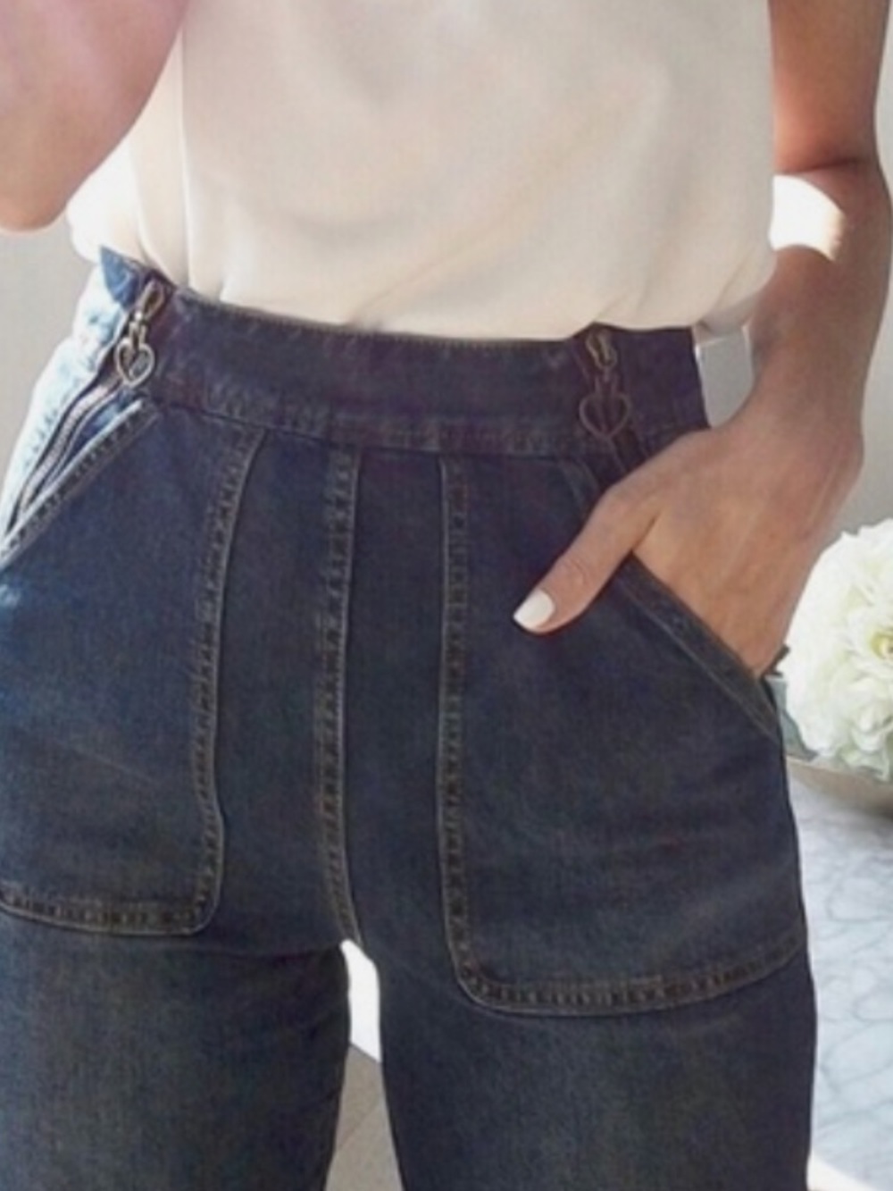 kate spade Dark Blue Denim High-Waist Overalls with Heart Hardware